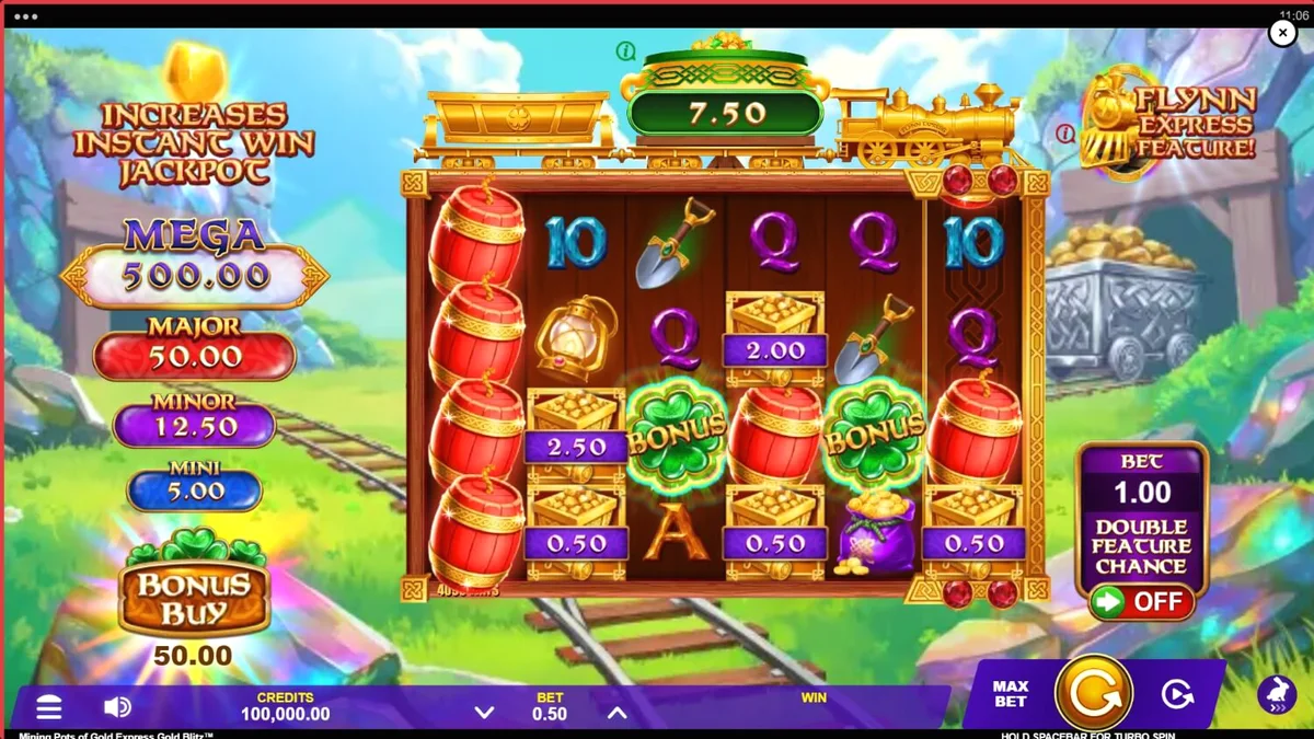 Lucky Lad Flynn em uma mina cheia de ouro e pedras preciosas no slot Mining Pots of Gold Express Gold Blitz