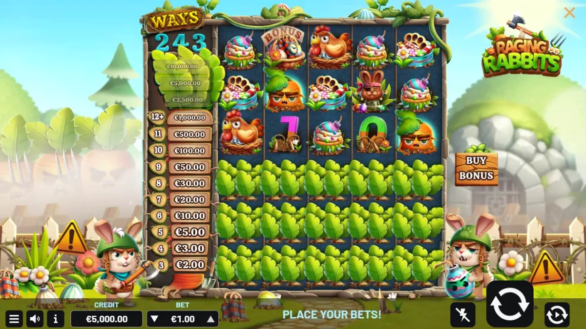 Cena de batalha cartunesca com coelhos no slot Raging Rabbits